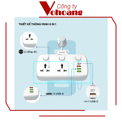 [Mỹ] Ổ cắm điện Energizer đa năng 2AC kèm 3USB-A và 1USB-C sạc nhanh PD (max PD 20W) - Energizer EPB2503EU