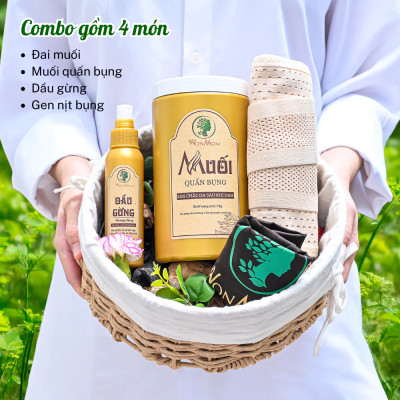 Liệu trình giảm eo sau sinh Wonmom ( 1 Hộp muối quấn bụng + 1 Dầu gừng + 1 Đai quấn muối + 1 Gen nịt bụng )