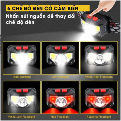 Đèn pin đội đầu 1 bóng cảm biến vẫy tay siêu sáng chiếu xa 300m, chip Led L9 chống thấm nước, đèn đeo trán Zoom xa gần H