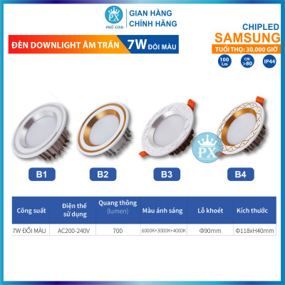 Đèn âm trần 3 chế độ sáng 7w, đèn lon cao cấp sang trọng, lỗ khoét 90mm