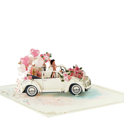 Thiệp 3D Pop Up Xe Cưới Trắng Just Married – Thiệp Chúc Mừng Đám Cưới, Wedding Card Sang Trọng