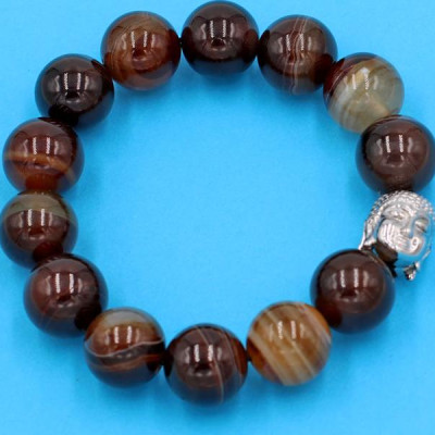 Chuỗi tay mã não nâu sọc 14 ly - cẩn hạt Như Lai Inox trắng VMNNSNLT14 - hợp mệnh Kim, mệnh Thổ