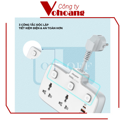 [Mỹ] Ổ cắm điện Energizer đa năng 2AC kèm 3USB-A và 1USB-C sạc nhanh PD (max PD 20W) - Energizer EPB2503EU