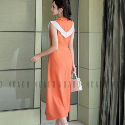 Đầm cam cổ sen phối trắng NGADO, đầm dự tiệc , đầm dạo phố