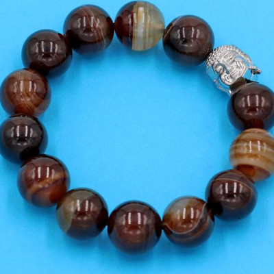 Chuỗi tay mã não nâu sọc 14 ly - cẩn hạt Như Lai Inox trắng VMNNSNLT14 - hợp mệnh Kim, mệnh Thổ