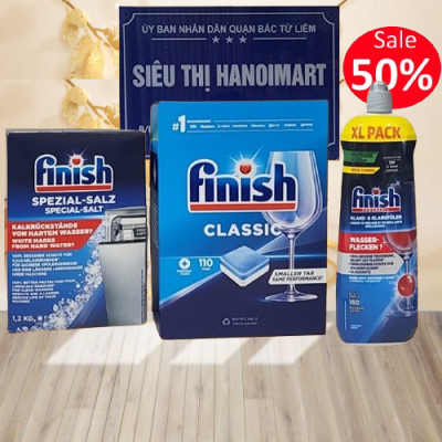 COMBO FINISH: Viên rửa bát Finish Classic 110 viên + Muối 1,2kg + Nước làm bóng 750ml