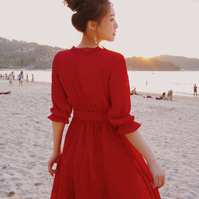 Váy maxi đi biển dài tay dáng lửng, cổ chữ V, lưng dây nơ điệu đà, thích hợp du lịch, đi biển, chụp ảnh | MX007