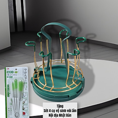 GIÁ KHAY ÚP LY CỐC KIM LOẠI MÀU VÀNG - XANH CỔ VỊT CÓ ĐĨA HỨNG NƯỚC CAO CẤP - ( TẶNG 1 SÉT 04 CỌ VỆ SINH VÒI ẤM NỘI ĐỊA NHẬT BẢN )
