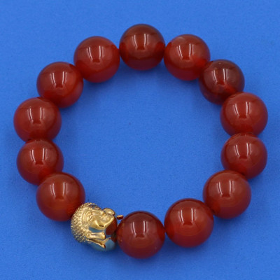 Vòng đeo tay mã não đỏ 14 ly cẩn hạt Phật A Di Đà inox vàng VMNONLV14 - hợp mệnh Hỏa, mệnh Thổ