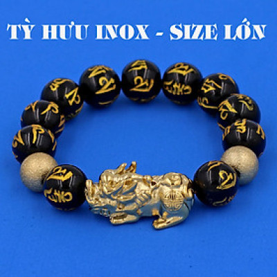 Vòng chuỗi đeo tay đá thạch anh đen khắc lục tự chân ngôn mạ vàng 14 ly ( size lớn ) charm tỳ hưu và bi inox vàng, vòng tay chuỗi hạt