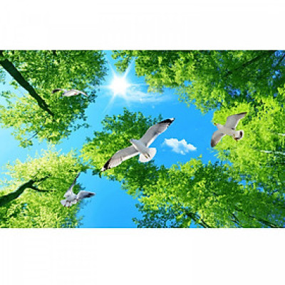 Tranh dán trần 3d bầu trời lá xanh TN68