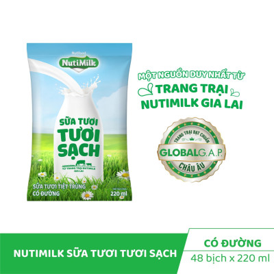 Thùng 48 bịch NutiMilk Sữa tươi 100 điểm - Sữa tươi tiệt trùng Có đường Bịch 220ml TU.STCDB220TI NUTIFOOD