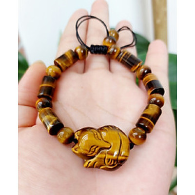 Vòng tay đá mắt hổ đốt trúc vàng nâu gắn hồ ly phong thủy cho Nữ