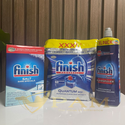 Combo viên rửa bát Finish Quantum 60 viên hương thường + Muối Finish 1,5kg + Nước làm bóng Finish 750ml