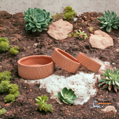 Bộ 3 Chậu Gốm Đất Nung Sọc Caro Và Góc Cây