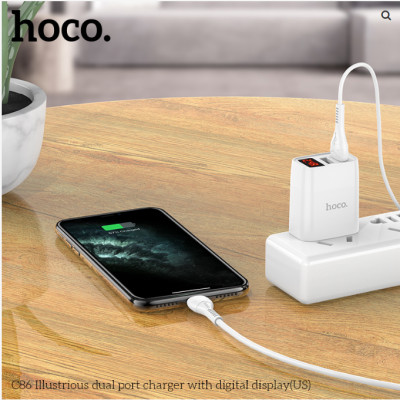 Cóc Sạc Nhanh Hoco C86 2 Cổng USB Màn Hình Led 2.4A dùng cho điện thoại iphone samsung - hàng chính hãng