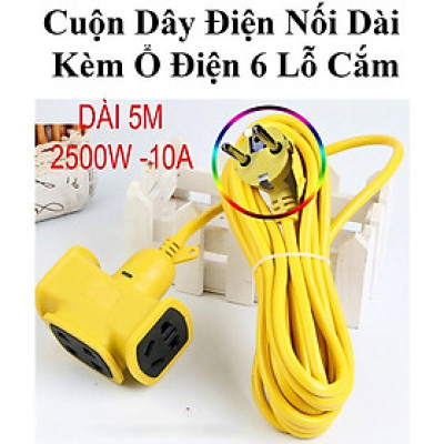 Cuộn Dây Điện Nối Dài Kèm Ổ Điện 6 Lỗ Cắm Dây Dài 5M Công Suất 2500W