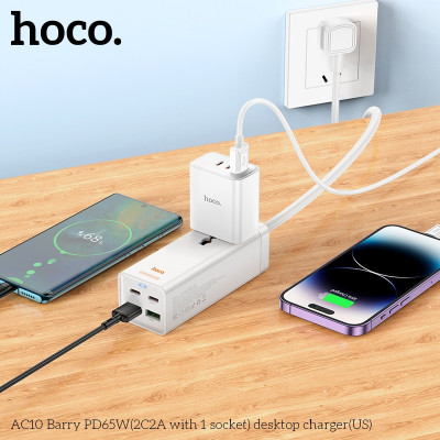 Ổ cắm điện đa năng sạc nhanh PD 65W cổng typeC + QC18W có 2*USB + 2*Type-C có 1 lỗ cắm tải 2500W dây dài 1.5m AC10 - hàng chính hãng