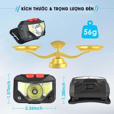 Đèn pin đội đầu 1 bóng cảm biến vẫy tay siêu sáng chiếu xa 300m, chip Led L9 chống thấm nước, đèn đeo trán Zoom xa gần H