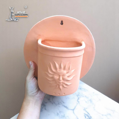 Chậu Treo Tường Đất Nung Hoa Văn Mặt Trời | Trang Trí Ban Công Treo Tường | Style Rustic | 24×24×15cm