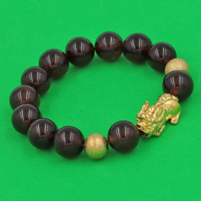 Chuỗi đeo tay đá Vân Rồng Nâu 12 ly - cẩn Tỳ Hưu Phong Thủy inox vàng VVRNTHHBV12