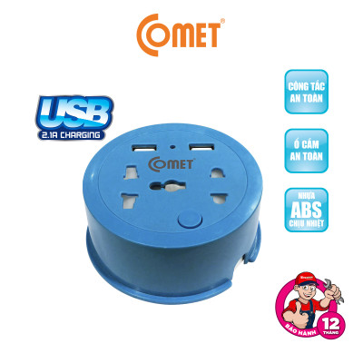 Ổ Cắm Điện Du Lịch COMET CES9111 Dây Quay Tròn Dài 1M, 2 Ổ USB, 1 Ổ 3 Chấu, 1 Ổ 2 Chấu