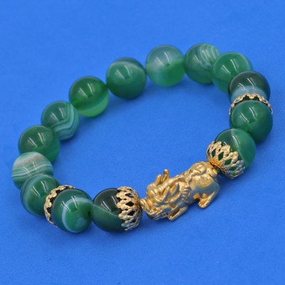 Vòng tay Thạch Anh Xanh Lá Sọc 12 ly - Vòng tay Tỳ Hưu Phong Thủy Chiêu Tài Lộc inox vàng VTAXLSTHBKV12