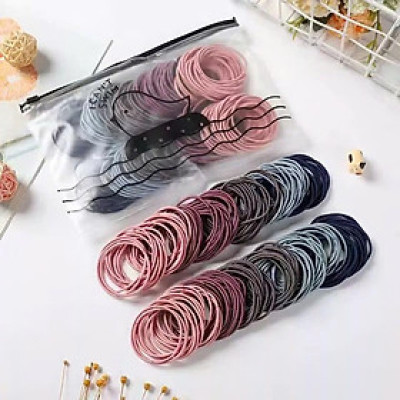 Combo 5 Set 100 dây chun buộc tóc trơn nhiều màu co giãn tốt đựng trong túi zip tiện lợi, có thể tái sử dụng Nhung Voi Nữ