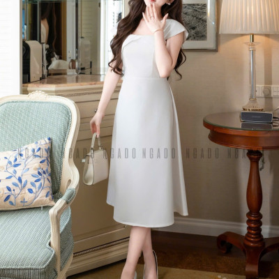 Đầm gấm trắng tay con NGADO , đầm dự tiệc hở vai