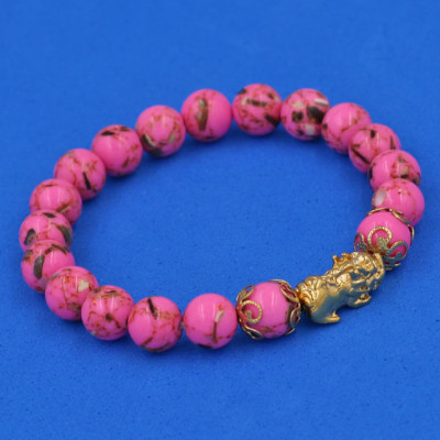 Chuỗi đeo tay San Hô Hồng Sen Sọc 8 ly - cẩn Tỳ Hưu Phong Thủy inox vàng VSHHPSTHHKV8