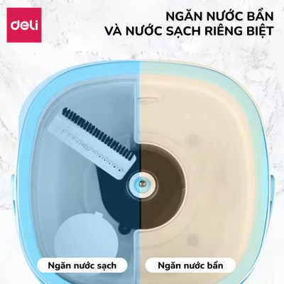Bộ Cây Lau Nhà Tách Nước Bẩn Thông Minh Deli, Chổi Lau Nhà Xoay 360 độ 2 Ngăn Kèm Bông Lau