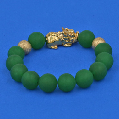 Chuỗi đeo tay Thạch Anh Xanh Lá Mờ 12 ly - cẩn Tỳ Hưu Phong Thủy inox vàng VTAXLMTHHBV12 - hợp mệnh Hỏa, mệnh Mộc