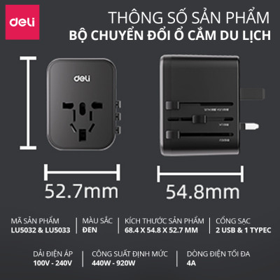 Ổ Cắm Chuyển Đổi Du Lịch Deli Sạc Nhanh 70W Củ Sạc Đa Năng DELI 4 Loại Chân Cắm Chuyển Đổi Dòng Điện