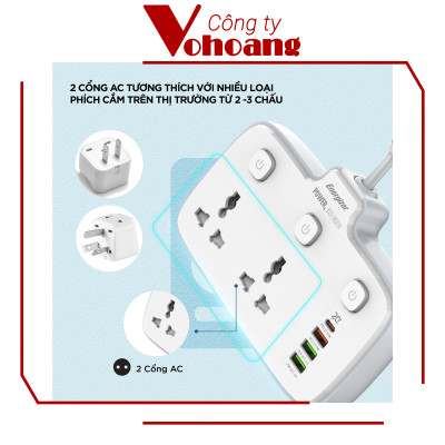 [Mỹ] Ổ cắm điện Energizer đa năng 2AC kèm 3USB-A và 1USB-C sạc nhanh PD (max PD 20W) - Energizer EPB2503EU