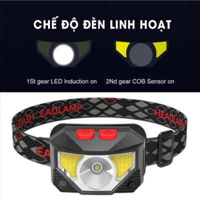 Đèn pin đội đầu 1 bóng cảm biến vẫy tay siêu sáng chiếu xa 300m, chip Led L9 chống thấm nước, đèn đeo trán Zoom xa gần H