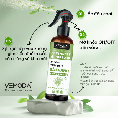 Bình Xịt phòng tinh dầu Sả Chanh, Bạc hà, Quế, Bạch đàn chanh Vemoda giúp hỗ trợ đuổi muỗi, thơm phòng nhanh chóng. Chai xịt hỗ trợ đuổi muỗi từ tinh dầu thiên nhiên