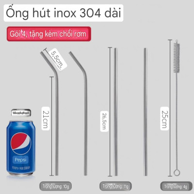 Bộ 4 Ống Hút Inox (Ống Hút inox sus 304) -Tặng cọ vệ sinh