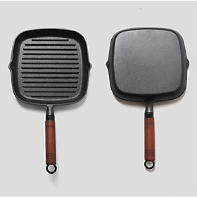 Chảo Gang Nướng Chống Dính Cán Gỗ Sọc Ngang Nướng Bbq Bò Bít Tết Gang Đúc Nguyên Khối