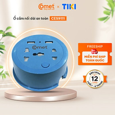 Ổ Cắm Điện Du Lịch COMET CES9111 Dây Quay Tròn Dài 1M, 2 Ổ USB, 1 Ổ 3 Chấu, 1 Ổ 2 Chấu