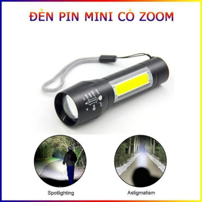 Đèn Pin Sạc Mini Có Zoom Hộp Xanh Xpe+Cob Light Siêu Sáng