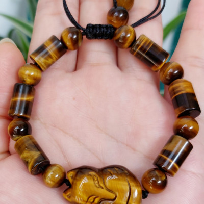 Vòng tay đá mắt hổ đốt trúc vàng nâu gắn hồ ly phong thủy cho Nữ