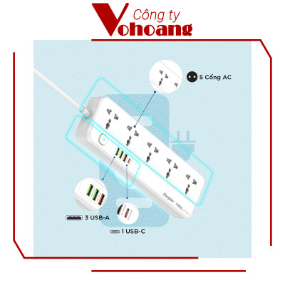 [Mỹ] Ổ cắm điện Energizer đa năng 5AC kèm 3USB-A và 1USB-C sạc nhanh PD (max PD 20W) - Energizer EPB2501EU