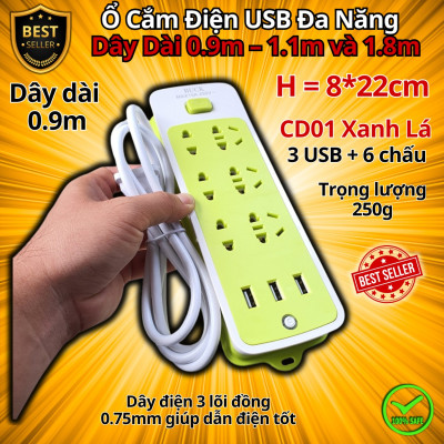 Ổ Cắm Điện USB Đa Năng Cao Cấp Chống Giật Dây Dài 0.9m – 1.1m và 1.8m, Ổ Cắm Điện Công Suất 2500W Có Chốt An Toàn