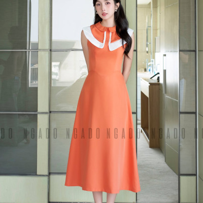 Đầm cam cổ sen phối trắng NGADO, đầm dự tiệc , đầm dạo phố