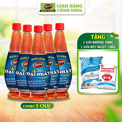 Combo 5 chai Nước Mắm Barona Đại Nhất 12 Độ Đạm - 750ml tặng 1 gói đường Biên Hòa 500gr, Bột ngọt 100gr, 50gr bột ớt