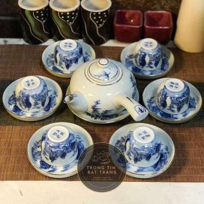 Bộ Ấm Chén Trà Đạo Gốm Trắng Men Lam Bát Tràng Trúc Lâm Thất Hiền Vẽ Vàng Dáng Đường Vũ Dung Tích 350ml (Bộ Ấm Chén) ATA 13