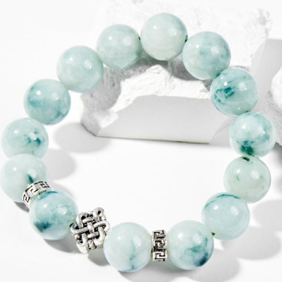 Vòng Tay Phong Thủy Nam Đá Cẩm Thạch Phỉ Thúy Phối Charm Kết Đồng Tâm Bạc (14mm) Mệnh Mộc, Hỏa Ngọc Quý Gemstones