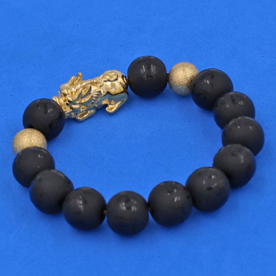 Vòng tay đá Thạch Anh Đen khắc Phật Chú chữ mờ 12 ly - cẩn Tỳ Hưu Phong Thủy inox vàng VTAEPMTHHBV12 - hợp mệnh Thủy, mệnh Mộc