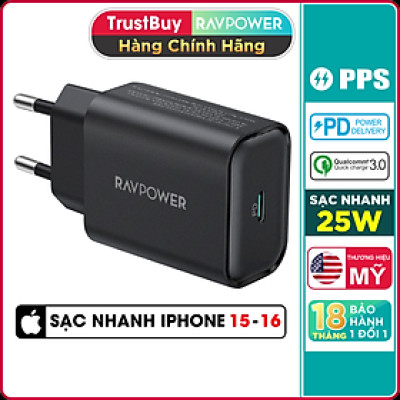 Adapter Củ Sạc Nhanh Đến 25W Type C PPS PD 3.0 QC 3.0 RAVPower RP-PC156 Dành Cho Điện Thoại Samsung, iPhone, iPad - Hàng Chính Hãng