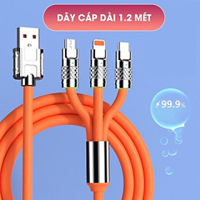 Cáp Sạc 3 dây Trong 1 120W 6A Cổng USB Bằng Silicone Và Hợp Kim Kẽm Sạc Nhanh Bảo hành 12 Tháng